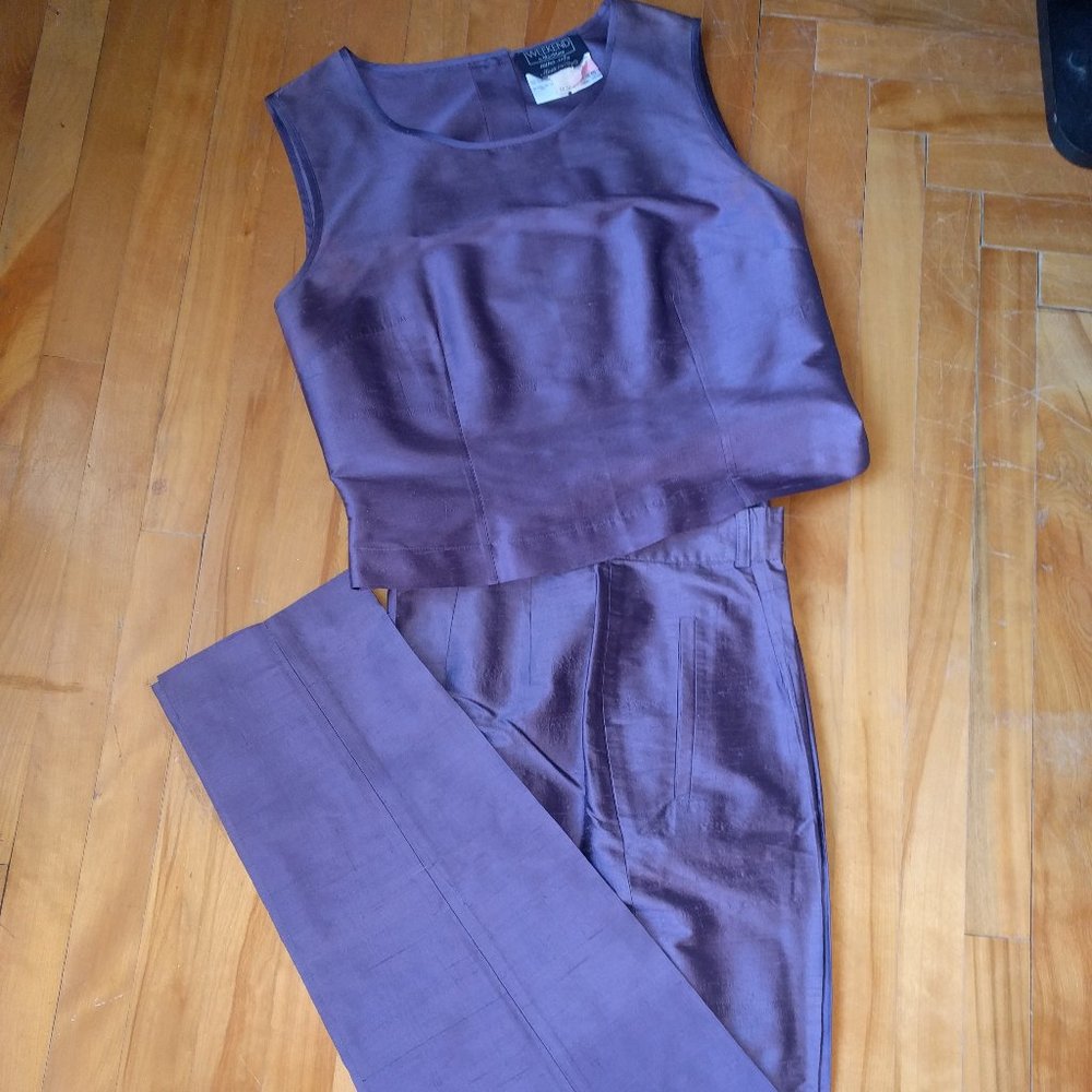 MAXMARA WEEKEND Elegant 100% Silk Purple Ensemble Tank L and Pants 12US